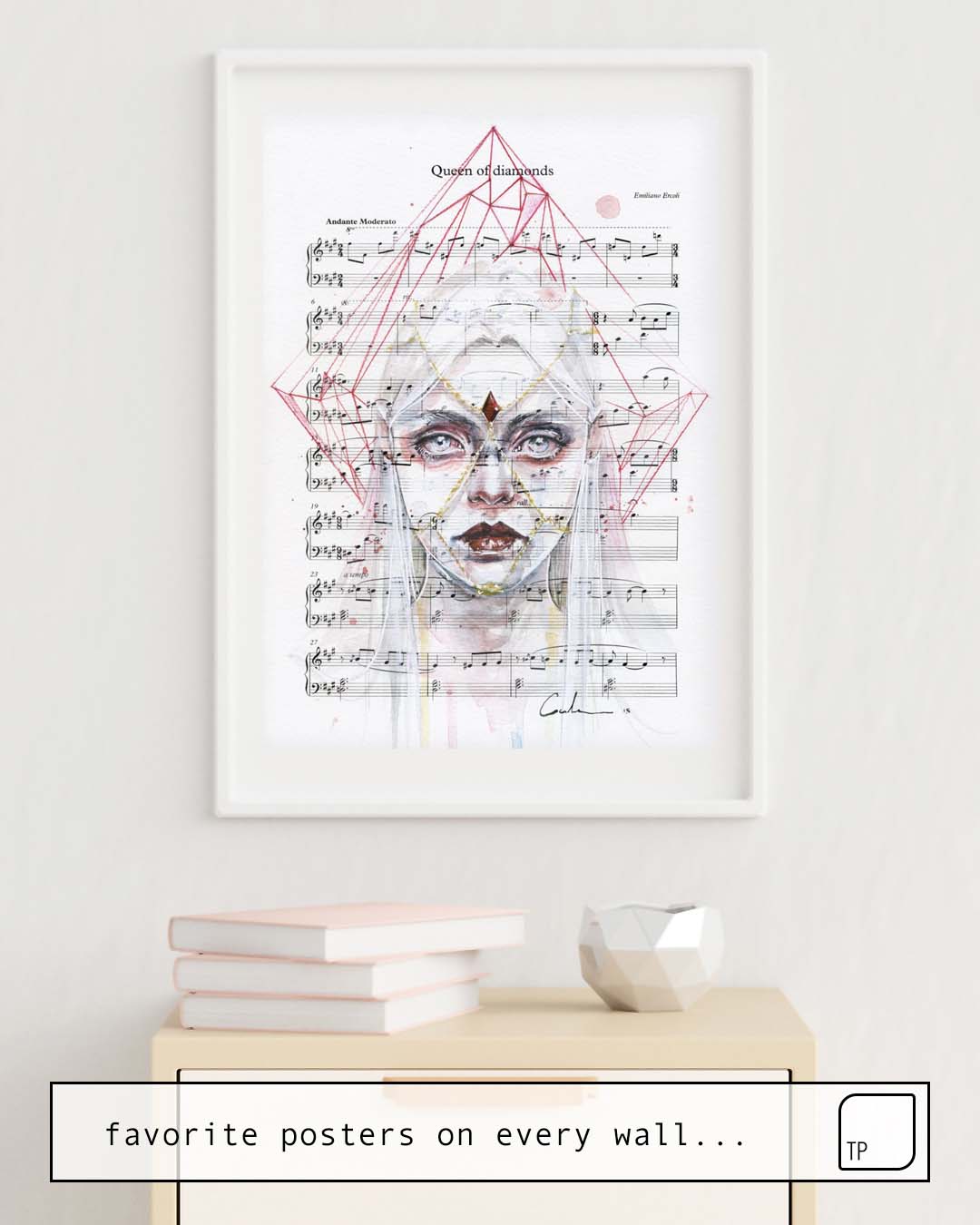 The photo shows an example of furnishing with the motif QUEEN OF DIAMONDS ON SHEET MUSIC by Agnes Cecile as mural