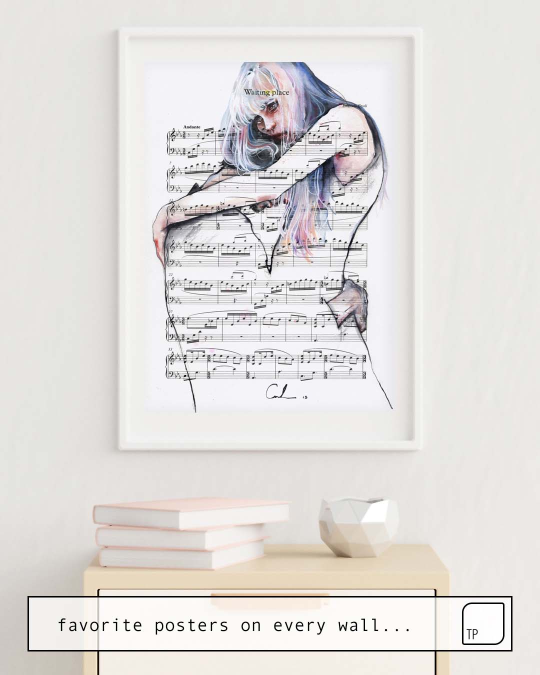 The photo shows an example of furnishing with the motif WAITING PLACE ON SHEET MUSIC by Agnes Cecile as mural