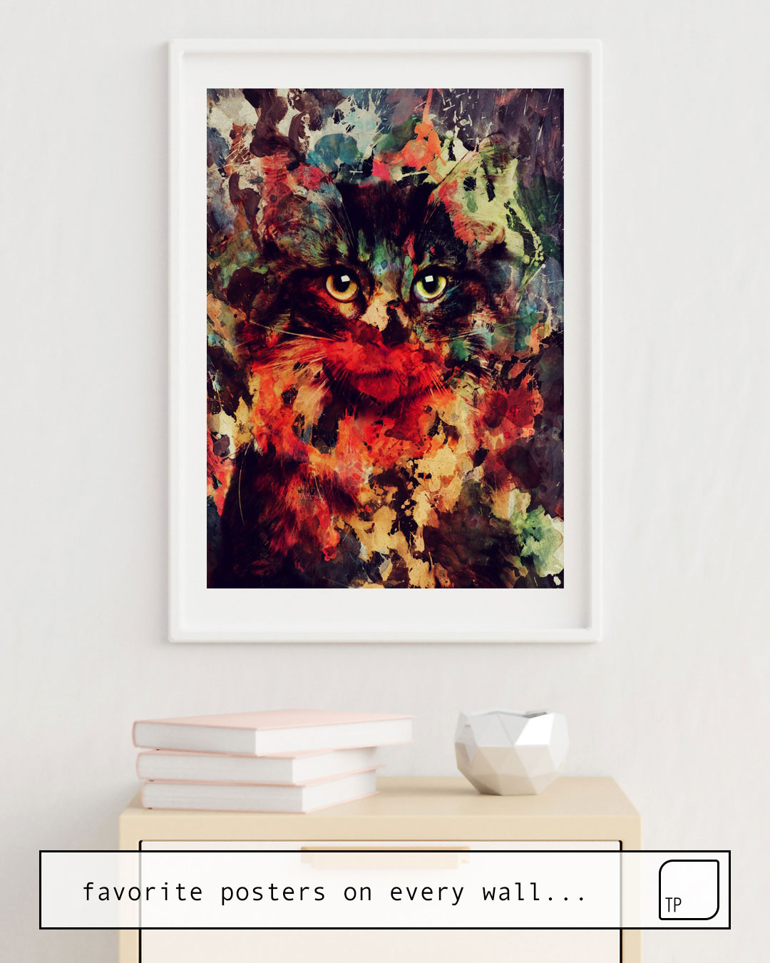 Das Bild zeigt ein Einrichtungsbeispiel mit dem Motiv CAT von Andreas Lie als Wandbild