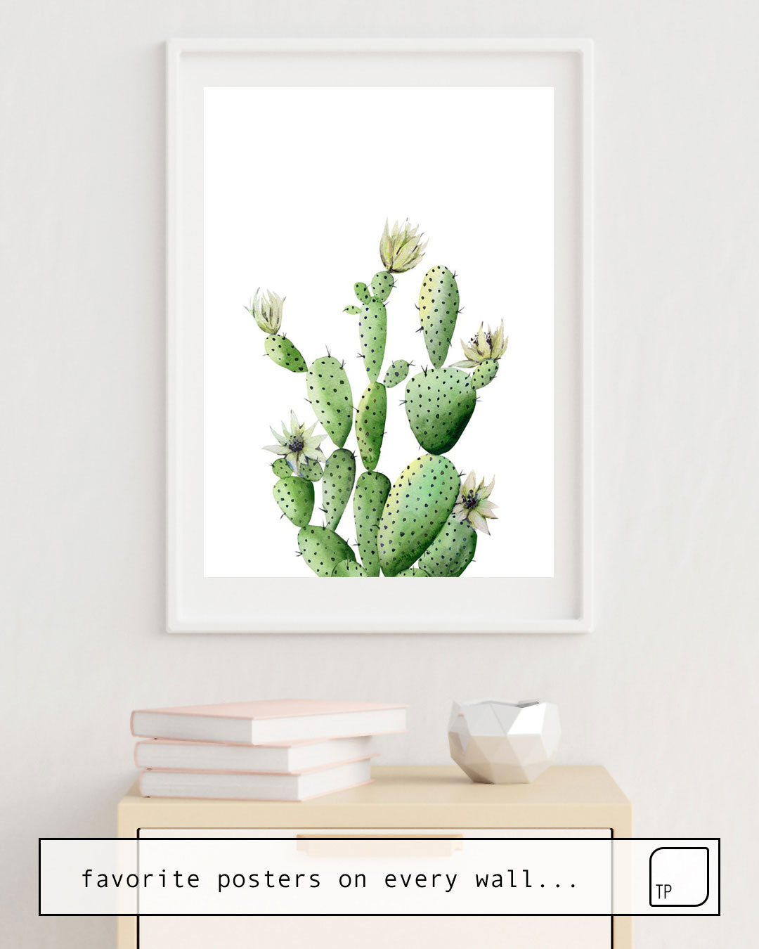The photo shows an example of furnishing with the motif CACTUS WITH WHITE FLOWERS by Art by ASolo as mural