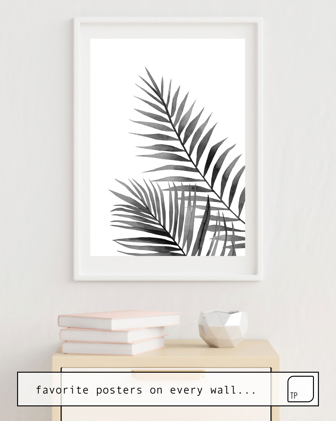 The photo shows an example of furnishing with the motif MONOCHROME PALM BRANCHES. by Art by ASolo as mural