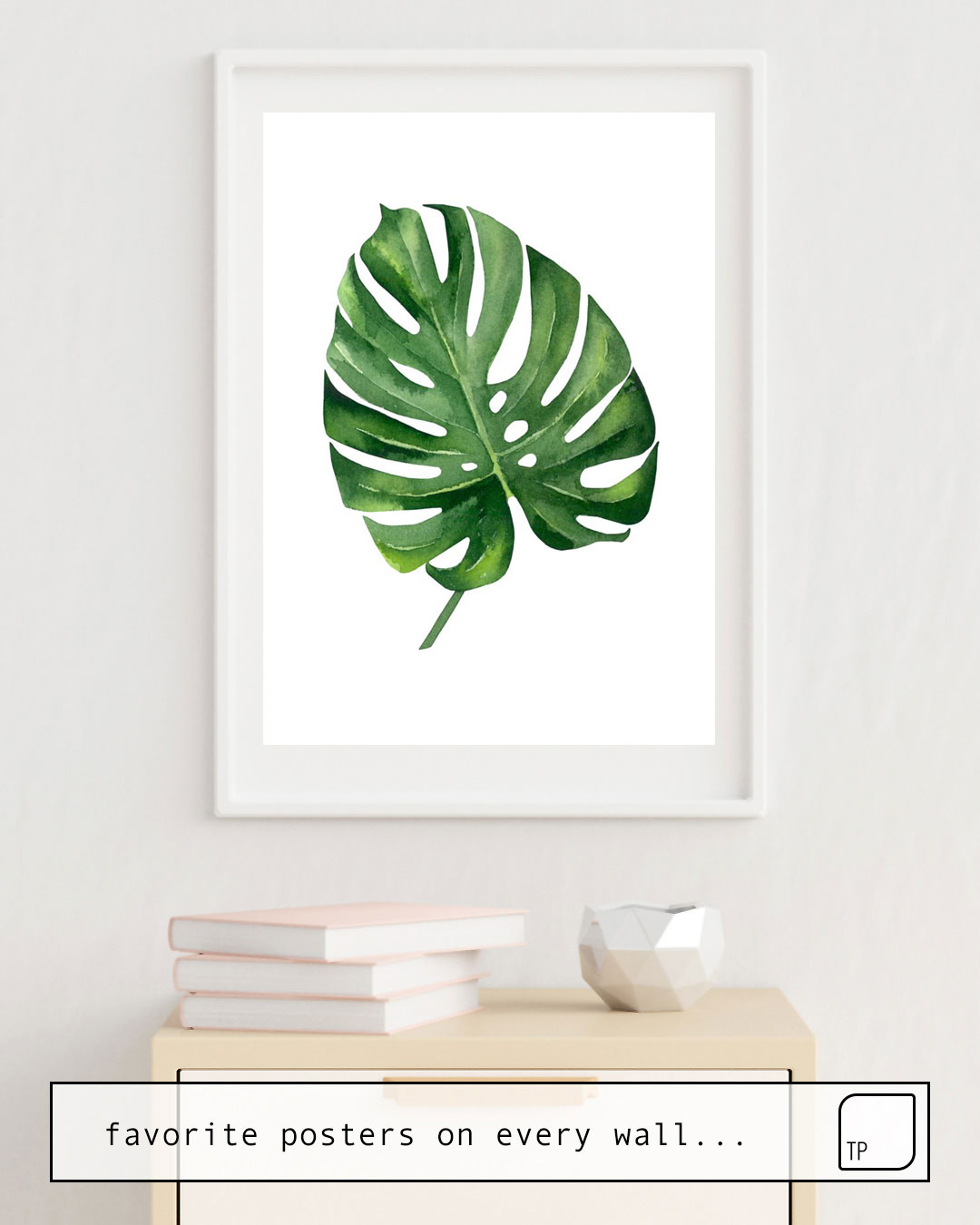 The photo shows an example of furnishing with the motif MONSTERA LEAF. GREEN LEAF. by Art by ASolo as mural