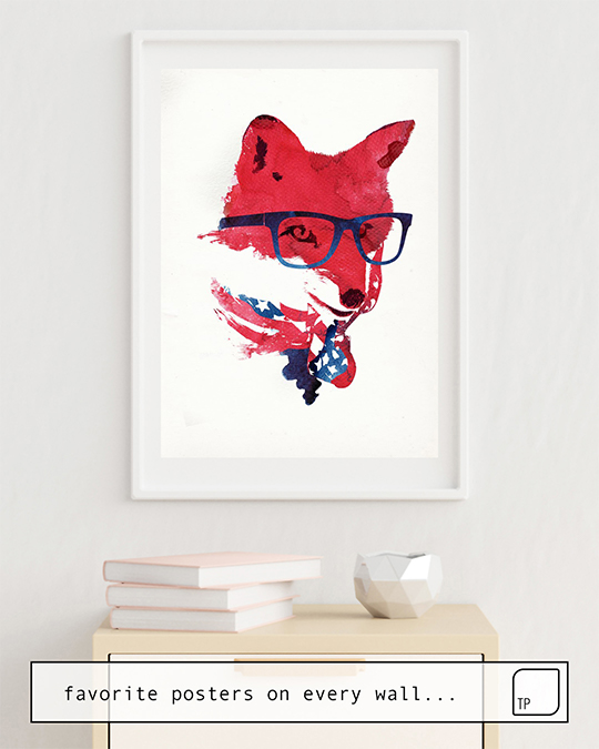 Das Bild zeigt ein Einrichtungsbeispiel mit dem Motiv AMERICAN FOX von Robert Farkas als Wandbild