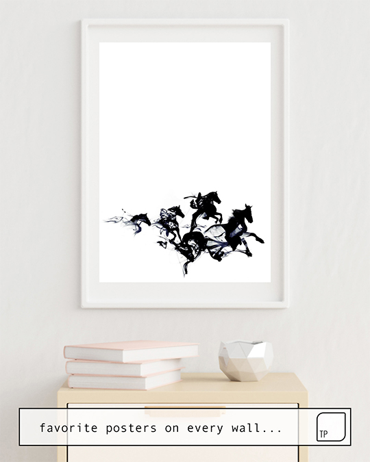 Das Bild zeigt ein Einrichtungsbeispiel mit dem Motiv BLACK HORSES von Robert Farkas als Wandbild