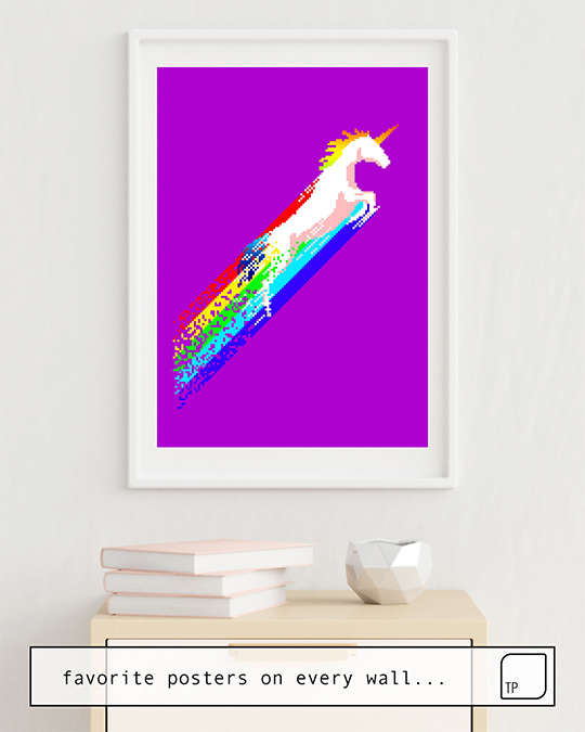 The photo shows an example of furnishing with the motif PIXEL UNICORN by Robert Farkas as mural