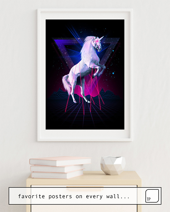 The photo shows an example of furnishing with the motif THE LAST LASER UNICORN by Robert Farkas as mural